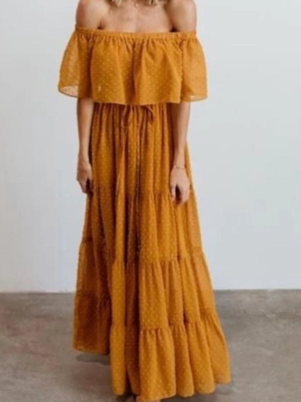 Baltic Born, Off-Shoulder Swiss Dot Maxi Dress, Mustard Yellow, Size Large